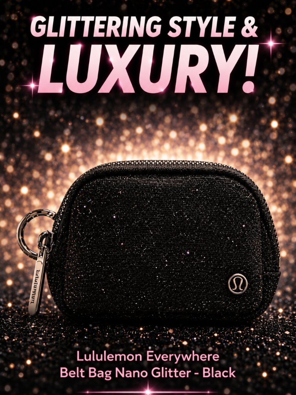 Lululemon Nano Everywhere Belt Bag Black Glitter Keychain Zip Pouch NWT